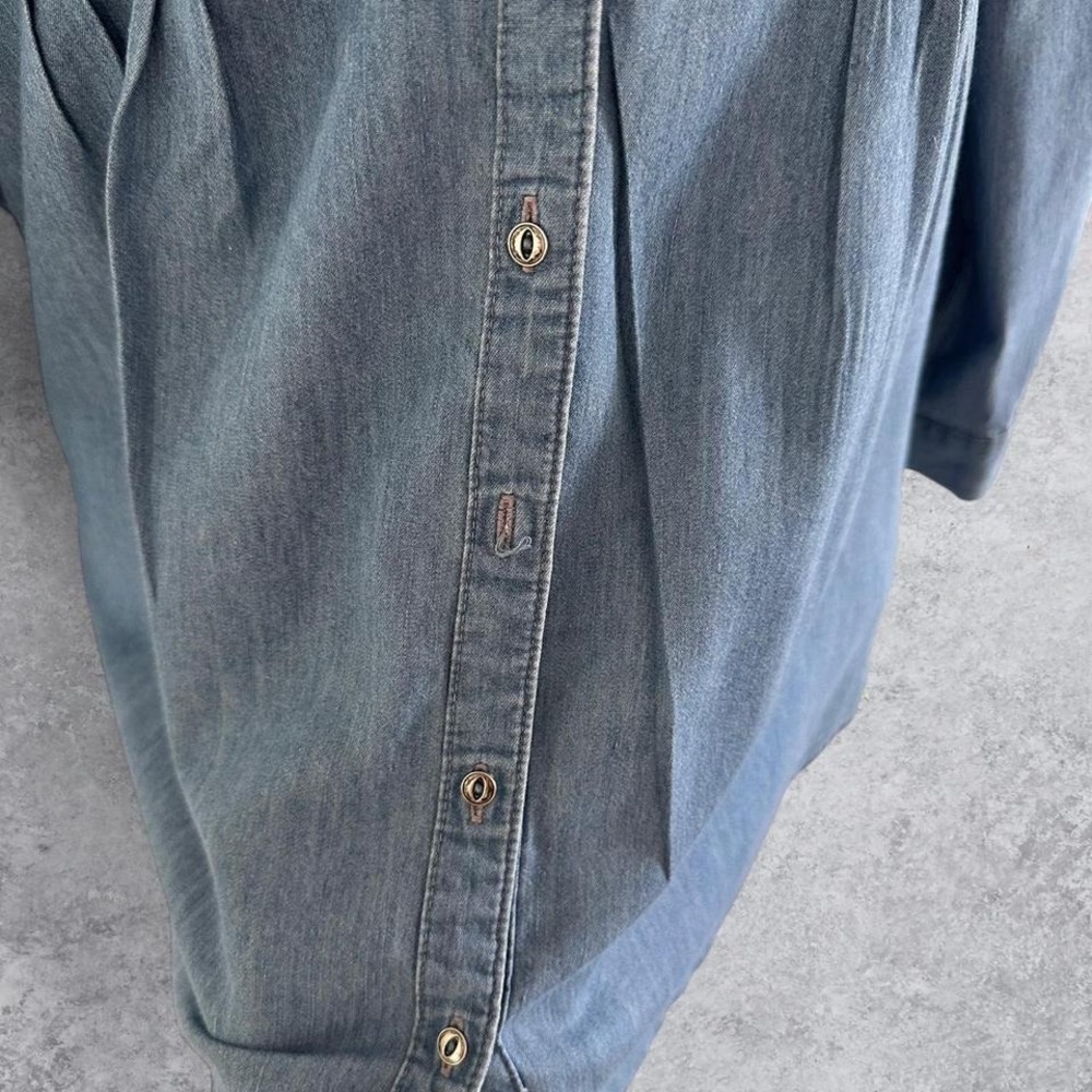 Vintage America Blues Blue Denim Pintuck Pleated Roll Tab Sleeve Tunic Shirt L - Picture 7 of 7
